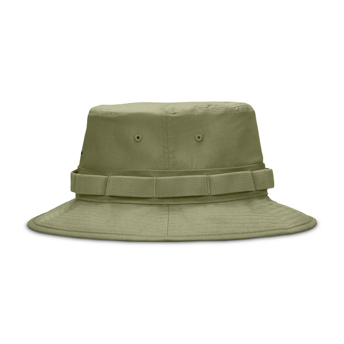 Olive green bucket hat with wide brim and front panel eyelets