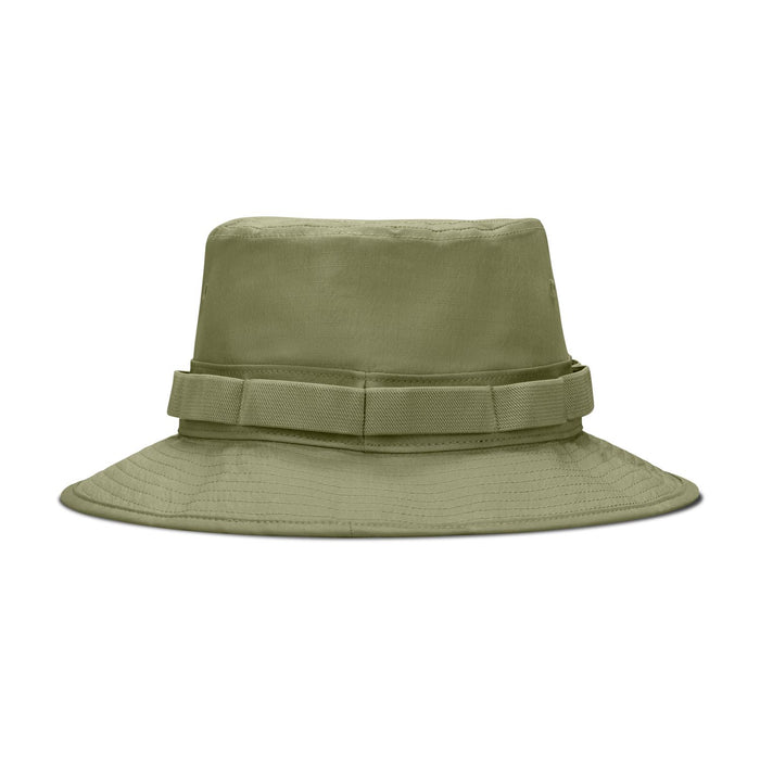 Olive green bucket hat with wide brim and stitched crown seam