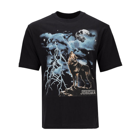 Men's dark T-shirt with wolf and moon graphic on front