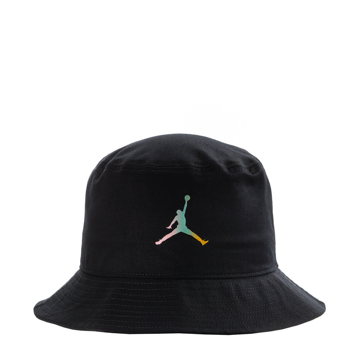 Black bucket hat with multicolor Jumpman logo on front panel.