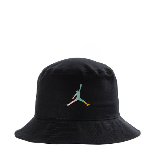 Black bucket hat with multicolor Jumpman logo on front panel.