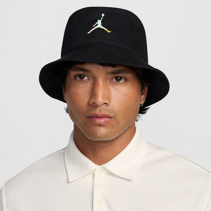 Black Jordan bucket hat with multicolor Jumpman logo, worn with crown brim.