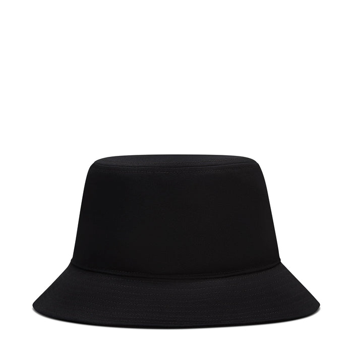 Black bucket hat with rounded crown and wide brim, side view.