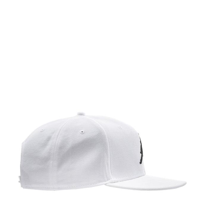 White snapback cap with small black logo detail on the side