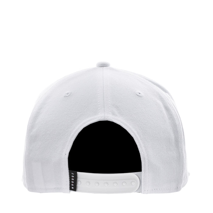 White snapback cap back view with dark inner brim and adjustable snap strap