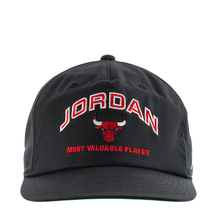 Black unstructured snapback cap with Jordan logo and red “MVP” text
