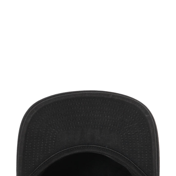Black snapback cap interior close-up with curved brim lining.