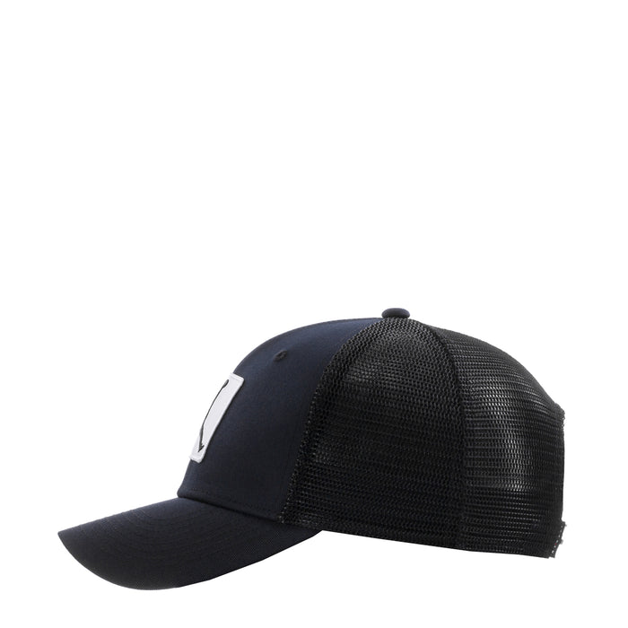 Black trucker cap, angled side view with white Jumpman emblem