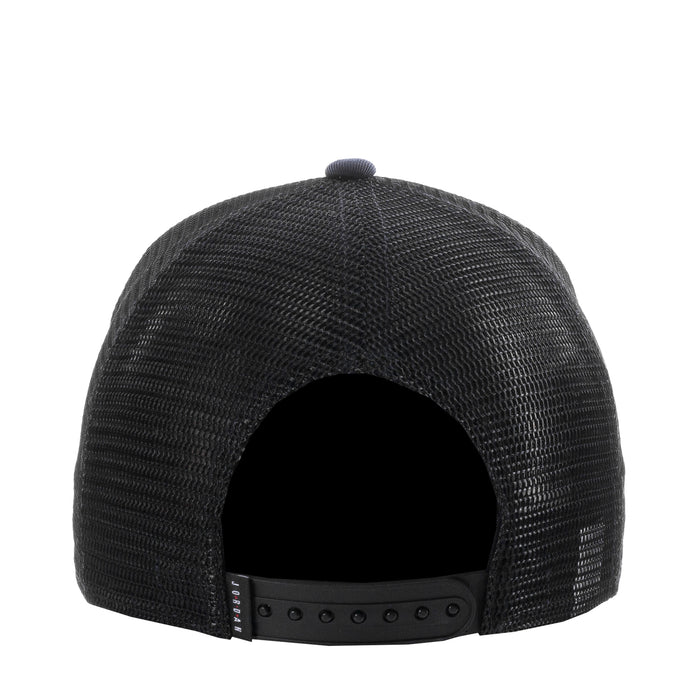 Black trucker cap rear view with mesh back and snapback strap