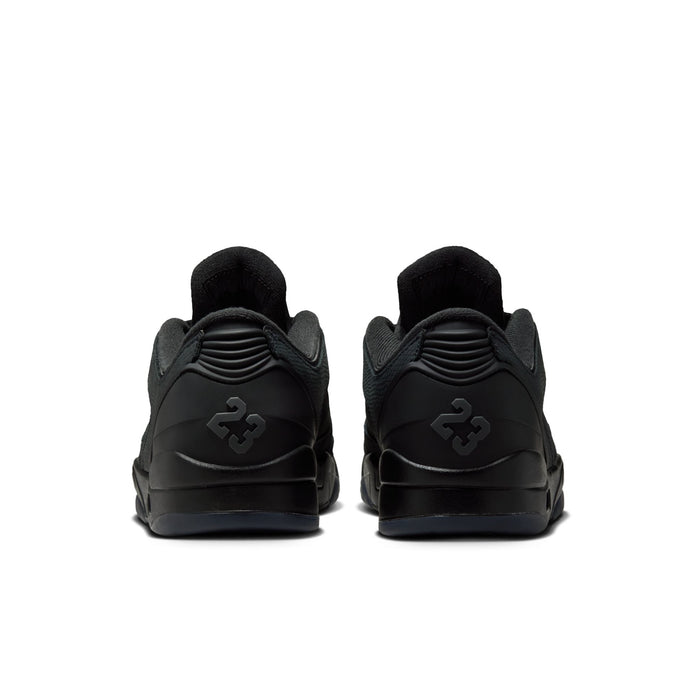 Jordan men’s athletic sneakers, black heel view with ridged collar and tabs