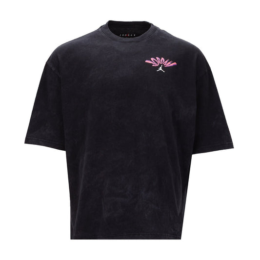 Men's washed black crewneck T-shirt with pink Jordan logo on chest