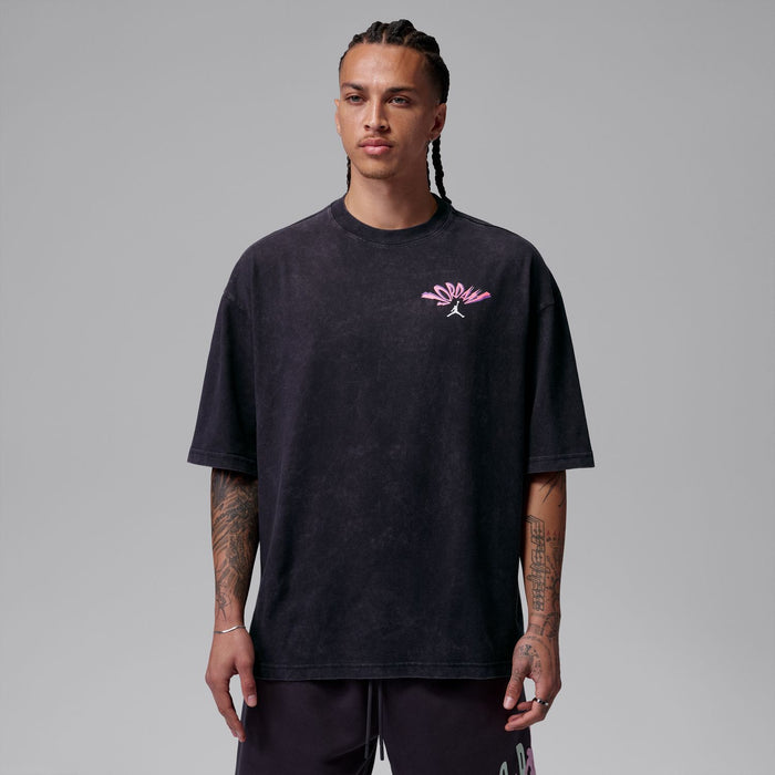 Men's washed black crewneck T-shirt with pink Jordan logo print