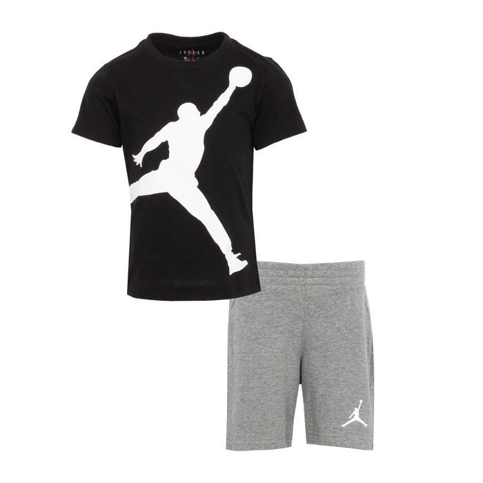 Toddler short set with black T-shirt and heather-gray shorts, white Jumpman graphics