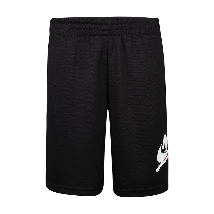 Youth black mesh athletic shorts with elastic waistband, drawcord, and side logo