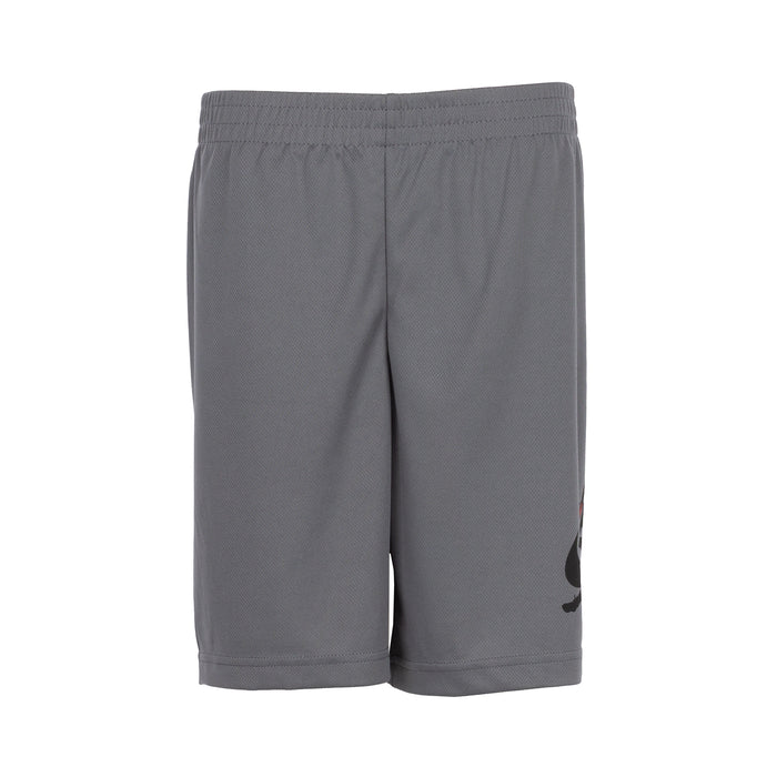 Youth dark gray mesh shorts with elastic waistband and small side logo