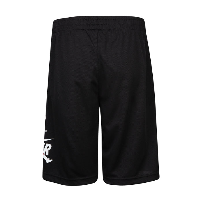 Youth black mesh athletic shorts with elastic waistband, drawcord, and side logo