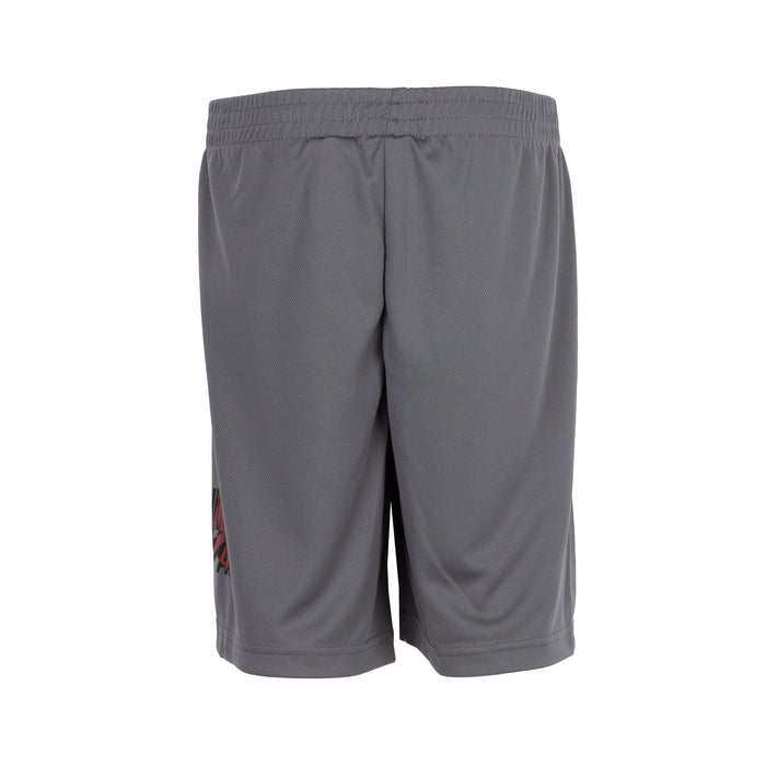Youth dark gray mesh shorts with elastic waistband and small graphic on left hem