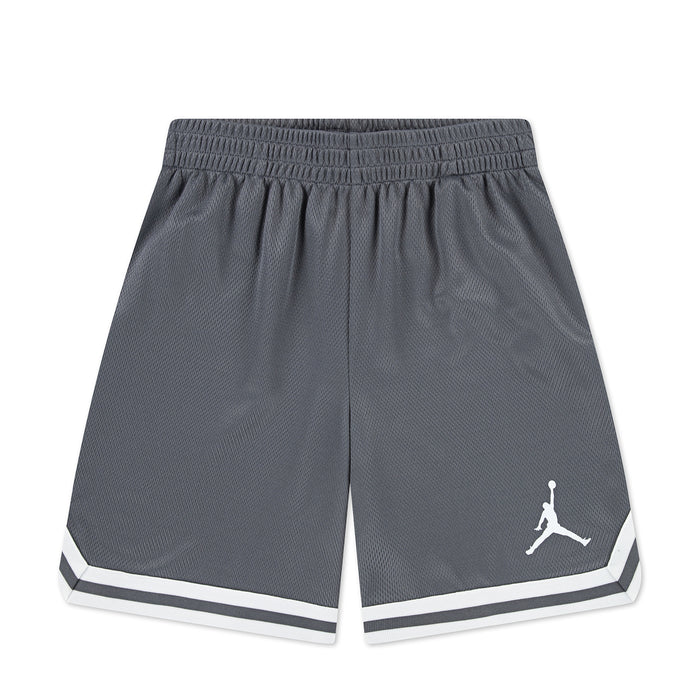Youth smoke grey basketball shorts with white striped hem and Jumpman logo