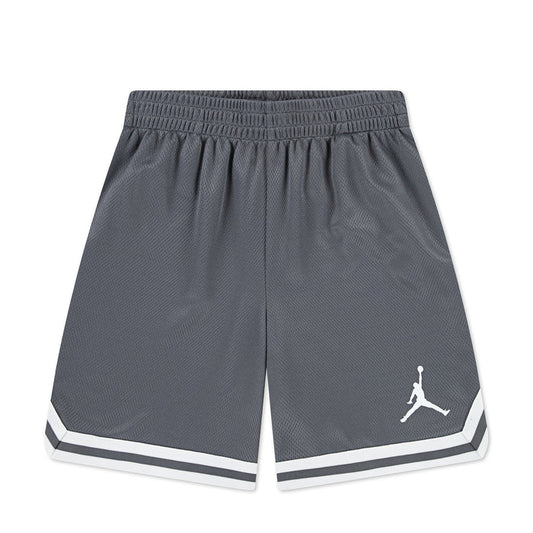 Youth smoke grey basketball shorts with white striped hem and Jumpman logo