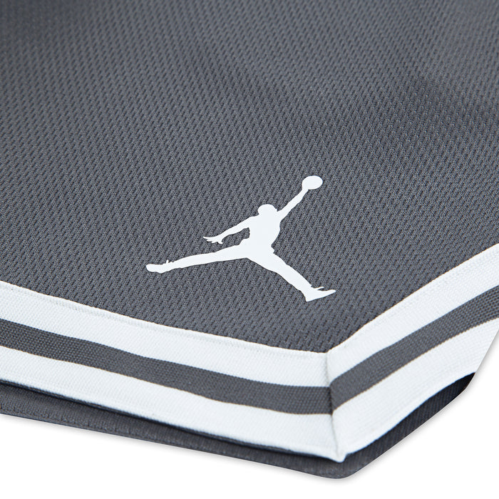 Youth smoke grey shorts close-up: white striped taping and Jumpman graphic