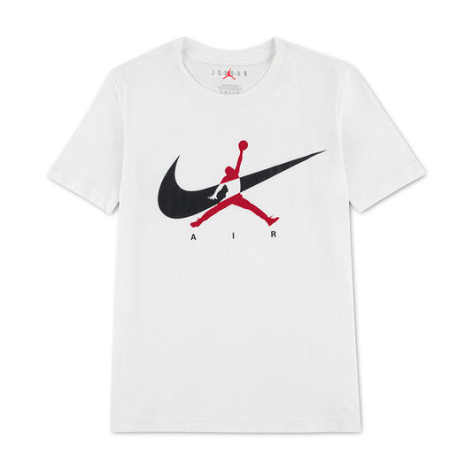 Youth white t-shirt with Nike swoosh, red Air Jordan graphic, and crew neck