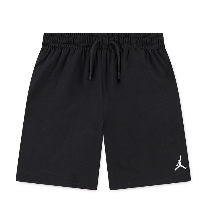 Youth black woven play shorts with elastic waistband and drawstring