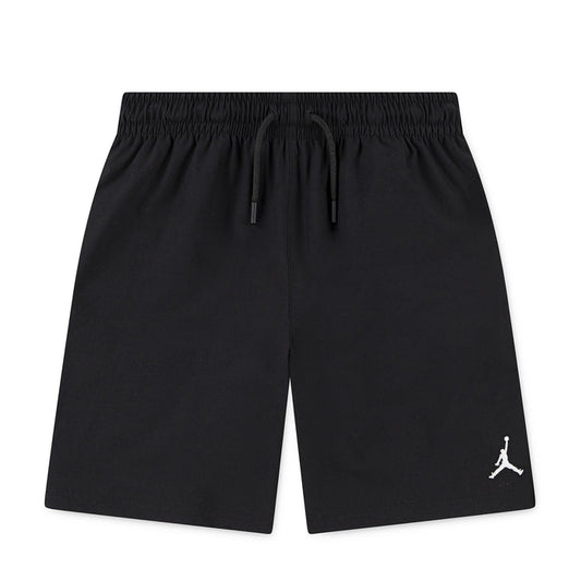 Youth black woven play shorts with elastic waistband and drawstring