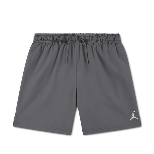 Youth woven play shorts in dark gray with elastic waistband and drawstring; Jumpman logo