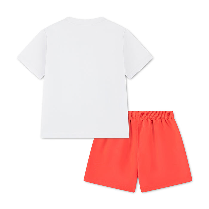 Toddler woven short set back view: white T-shirt, red shorts