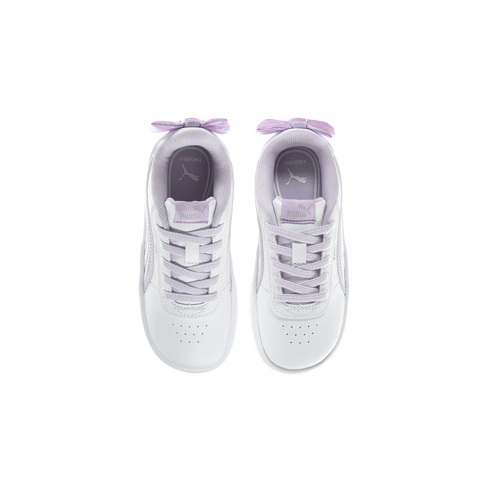 Toddler sneakers with white uppers, lavender laces, and ribbon bow accents