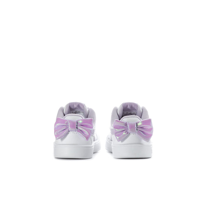 Toddler sneakers with white back, lavender ribbon bow, and cushioned collar