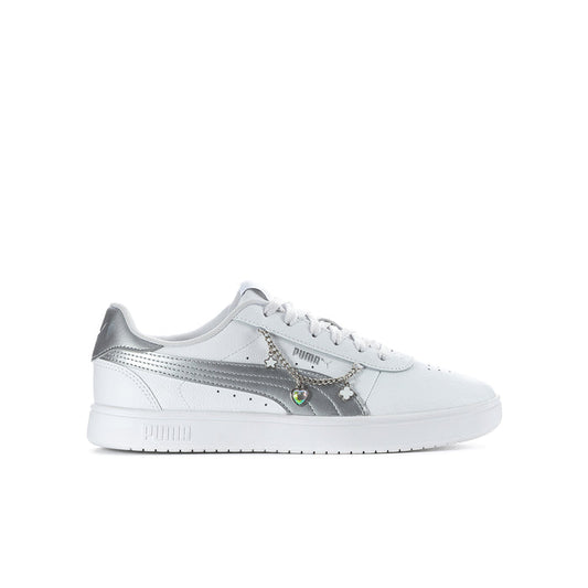 White and silver Puma youth sneaker with lace-up and metallic side stripe detail