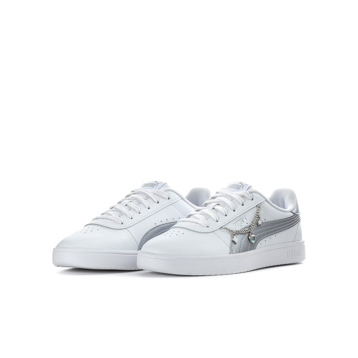 White and silver Puma youth sneaker, lace-up with side charm and metallic accents