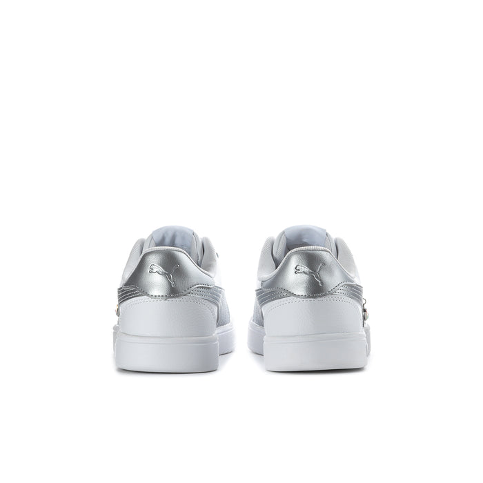 White and silver Puma youth sneaker pair, back view with heel logo