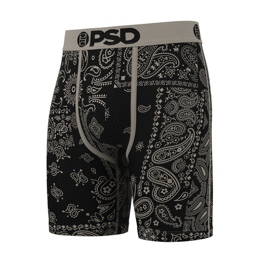 Black paisley boxer briefs with PSD waistband logo, fly front
