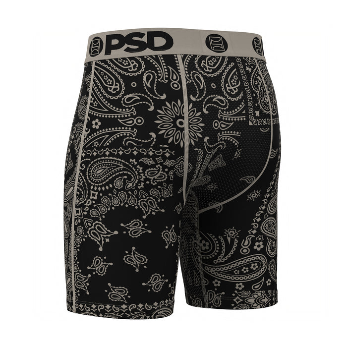 Black paisley boxer briefs with full pattern, PSD waistband and fly
