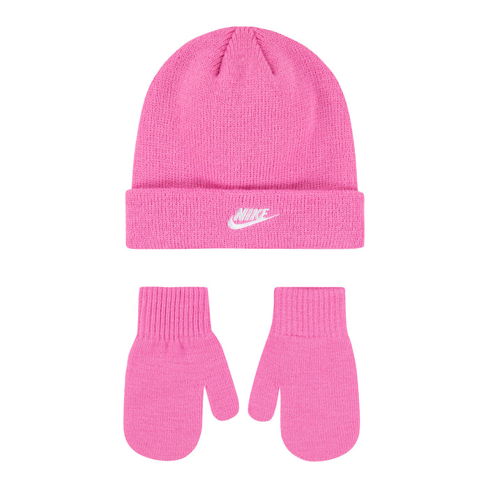 Kids pink knit beanie and matching gloves set, Nike logo on cuff