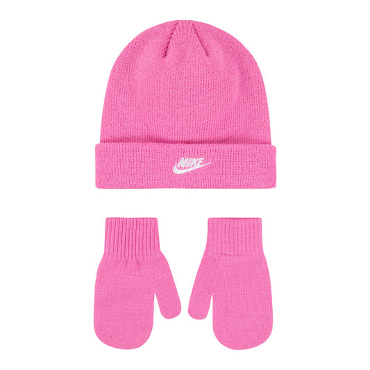 Kids pink knit beanie and matching gloves set, Nike logo on cuff