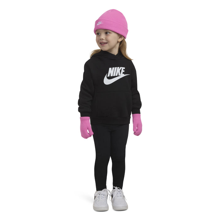 Kids pink knit beanie with Nike logo and matching pink gloves