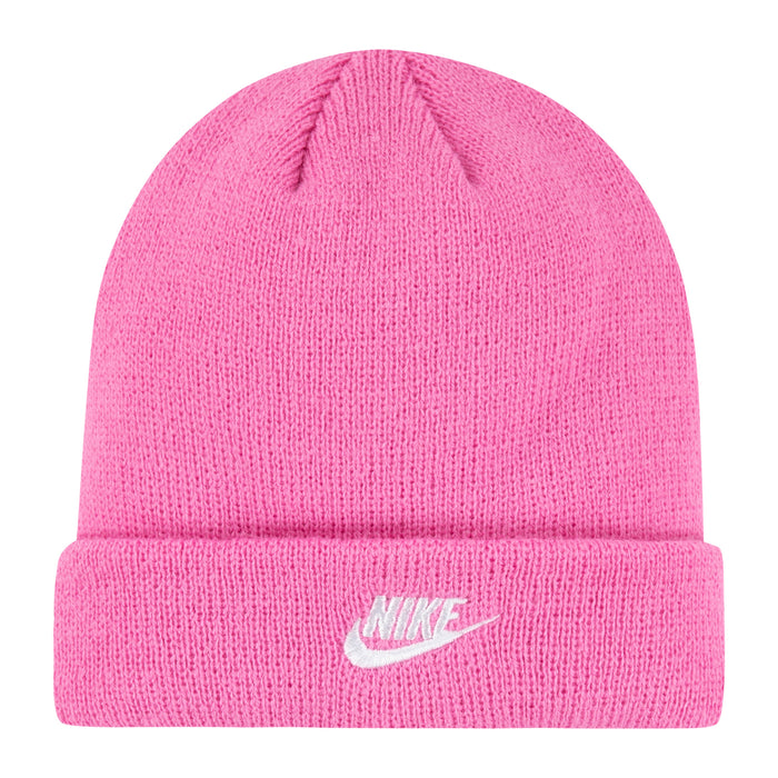 Kids pink knit beanie with Nike logo on folded cuff
