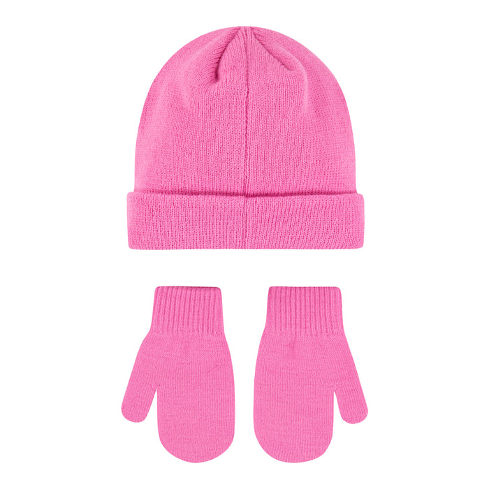 Pink knit beanie with Nike logo and matching pink mittens set