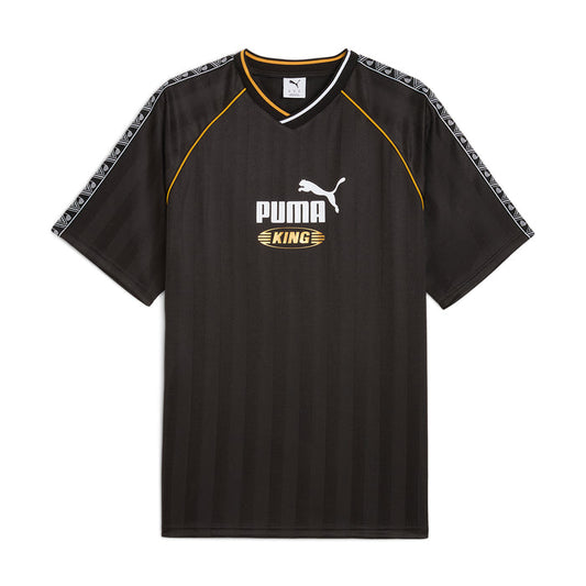 Men's black relaxed soccer jersey with V-neck, yellow trim, and Puma King logo