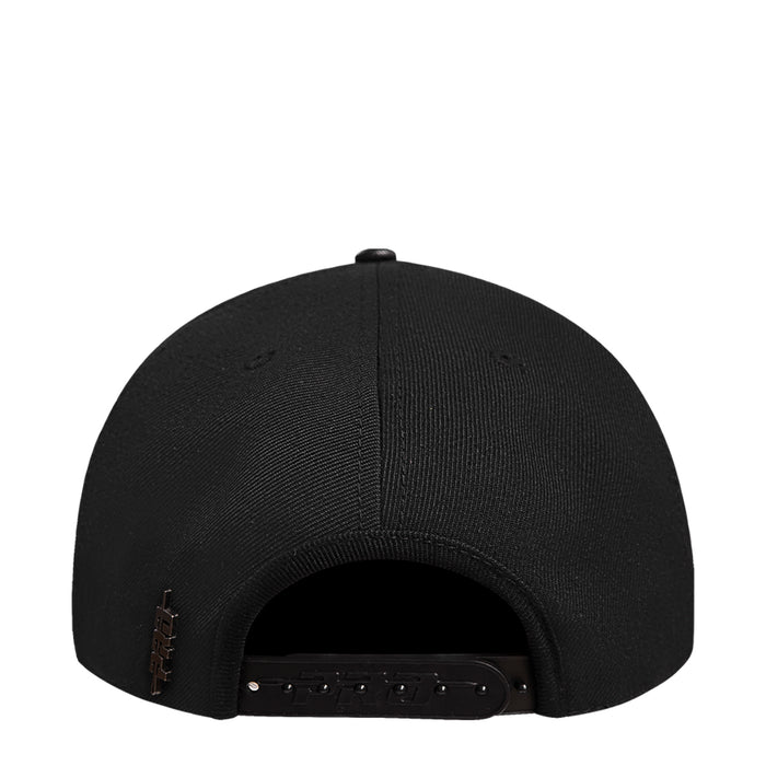 Black low-profile snapback hat back view with adjustable strap and small logo patch