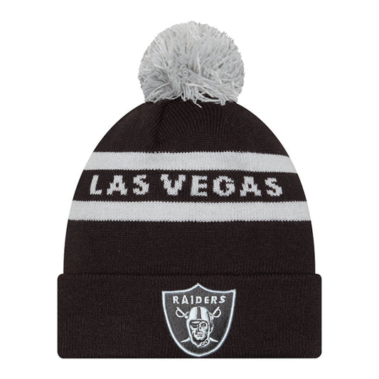 Black knit beanie with gray pom, white stripes, Raiders shield logo