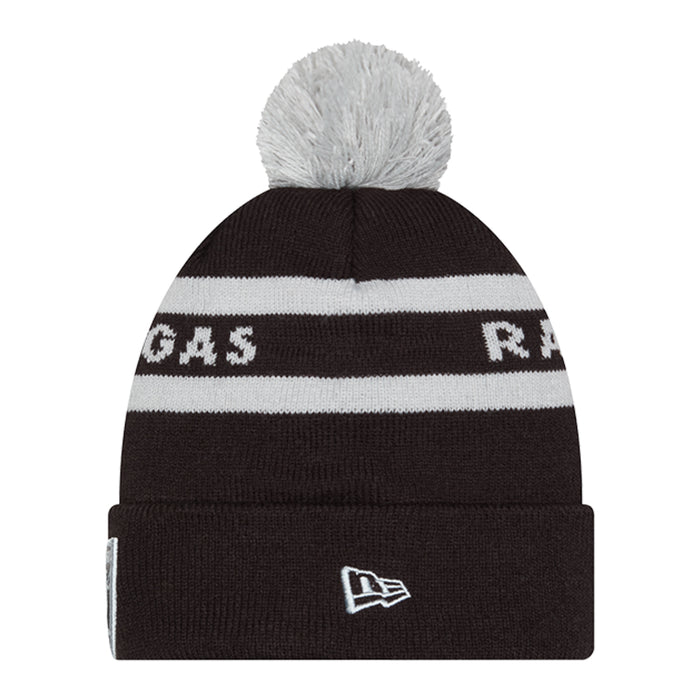 Black knit beanie with gray pom, white stripe band, New Era tag patch