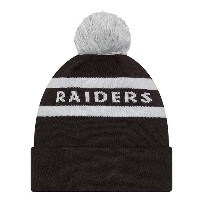 Black knit beanie with gray pom, white stripes, Raiders wordmark