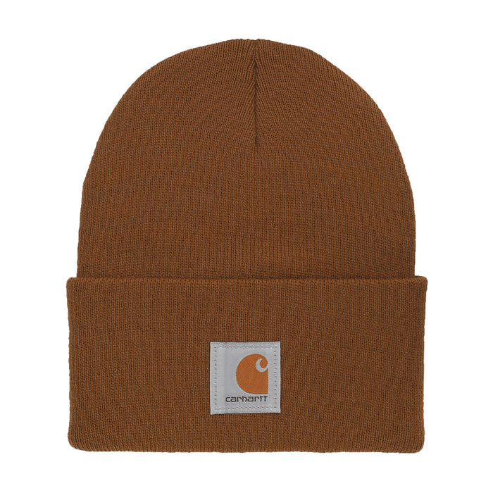 Carhartt brown knit cuff beanie with square Carhartt logo patch.