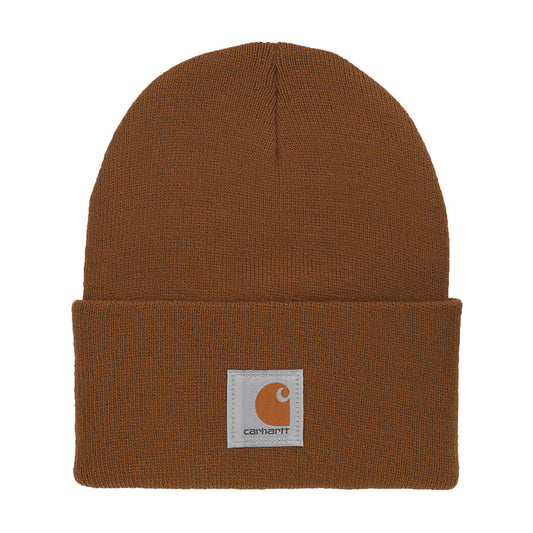 Carhartt brown knit cuff beanie with square Carhartt logo patch.