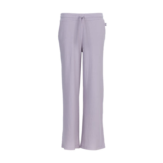 Women's knit wide-leg pants in pale violet, elastic waist with drawstring, front view