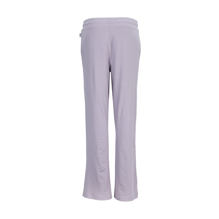 Women's knit wide-leg pants in pale violet, elastic waist with drawstring, back view